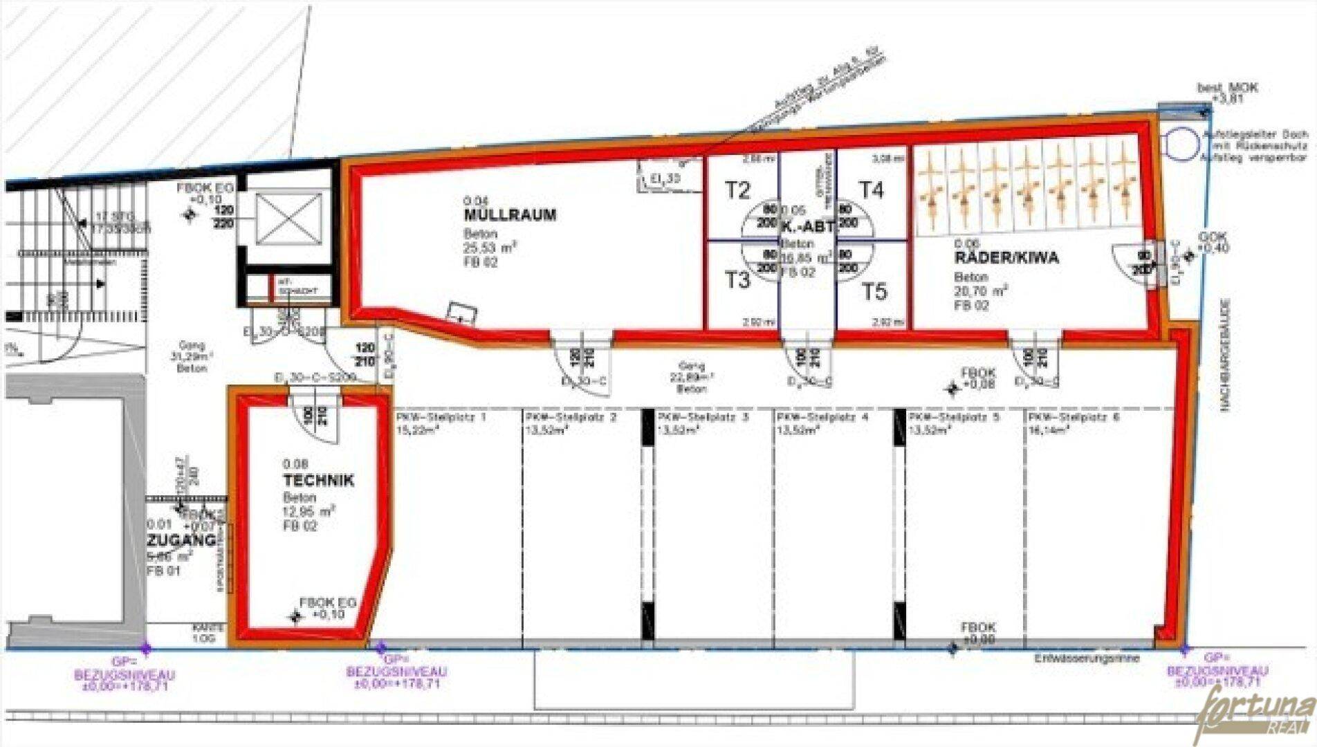 Grundrissplan des Untergeschosses mit Müllraum, Technikraum und PKW-Stellplätzen.