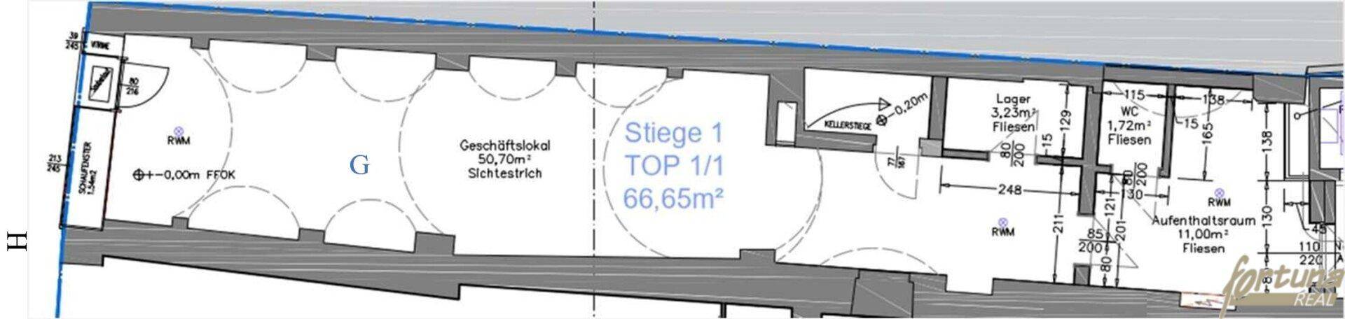 Grundrissplan des Erdgeschosses mit Geschäftsfläche und Sanitärräumen.