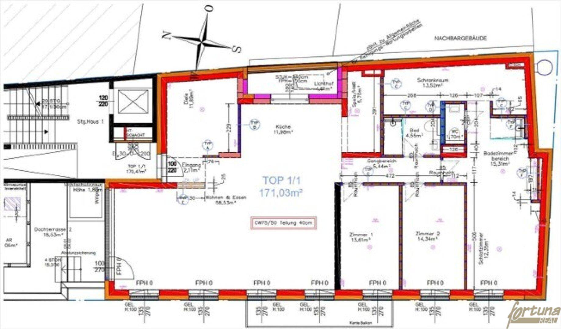 Detaillierter Grundrissplan einer Wohnung mit drei Zimmern, offener Wohnküche und Balkon.