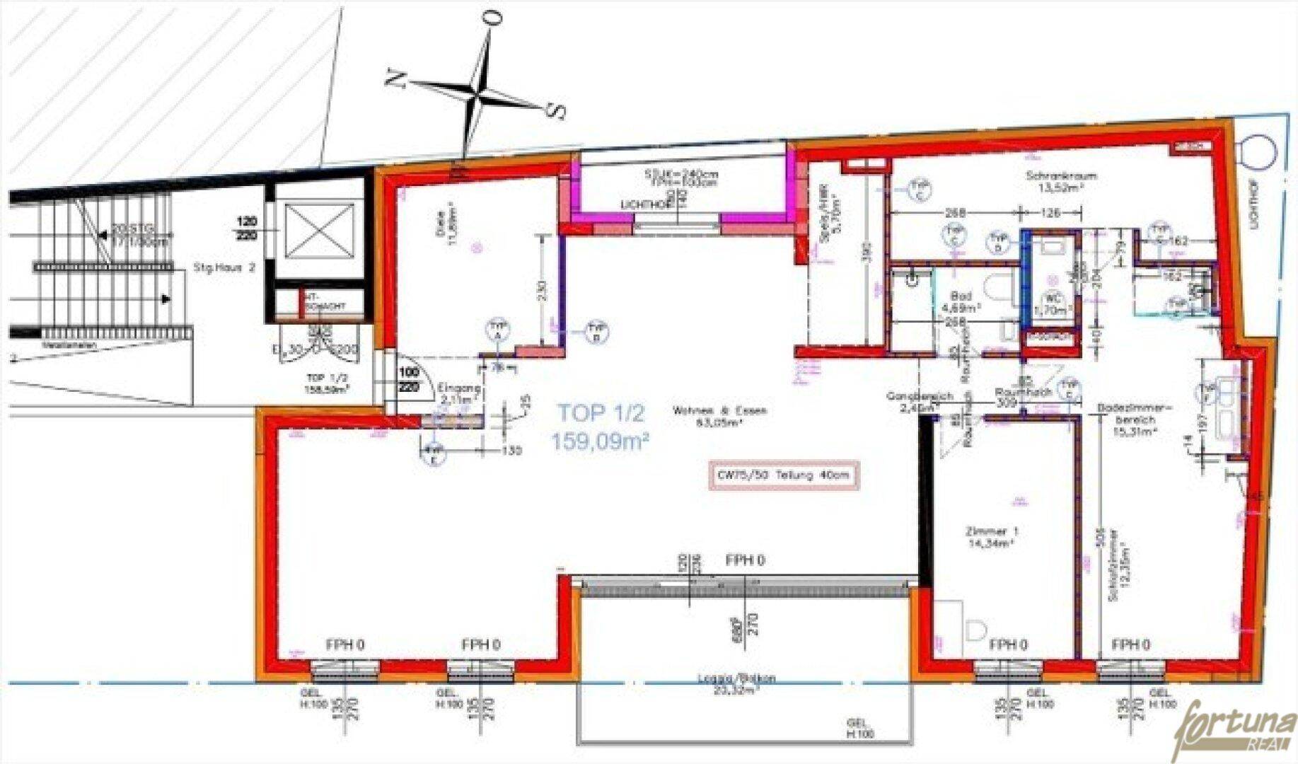 Detaillierter Grundrissplan einer Wohnung mit zwei Zimmern, offener Wohnküche und Balkon.