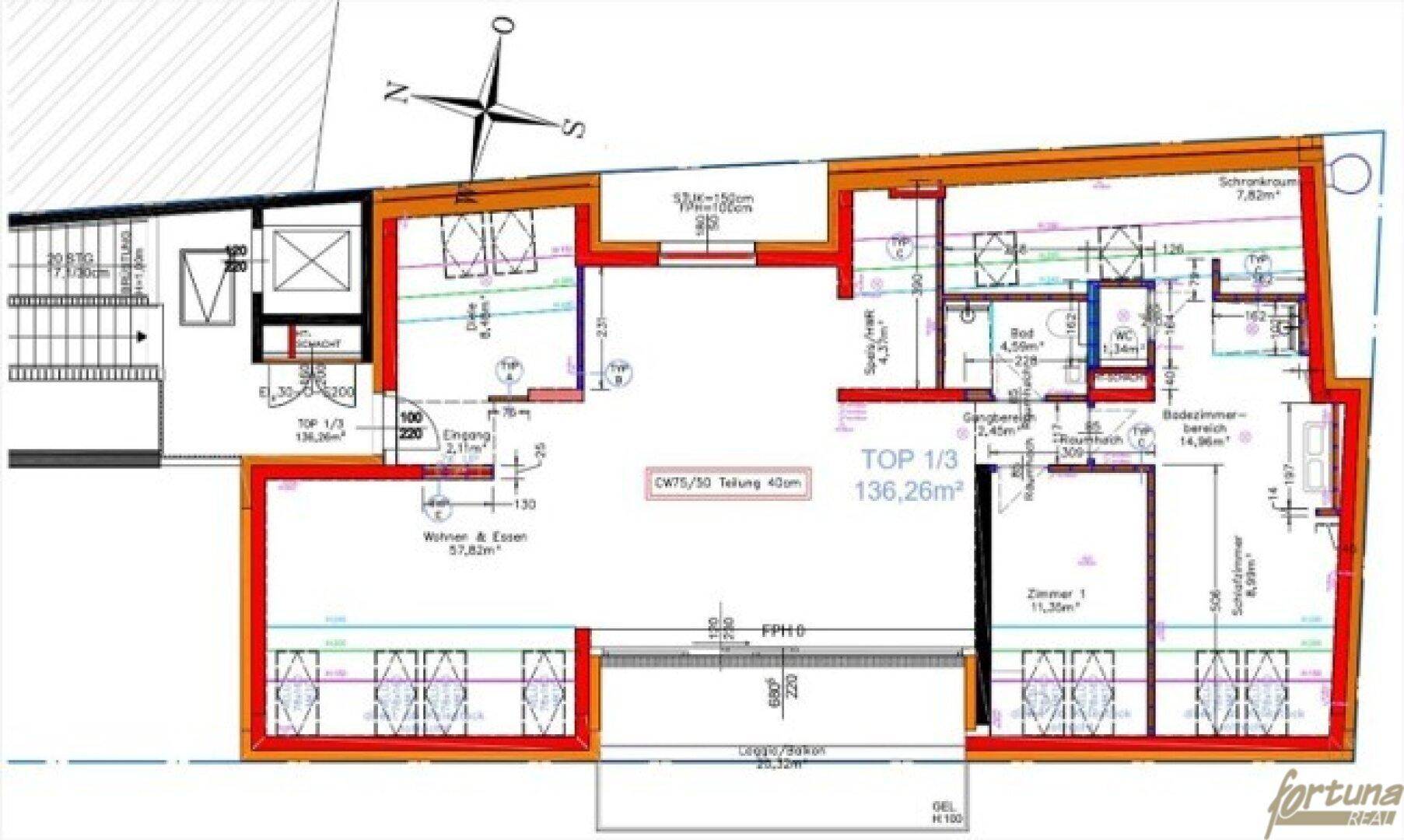 Detaillierter Grundrissplan einer Wohnung mit zwei Zimmern, offener Wohnküche und Balkon.