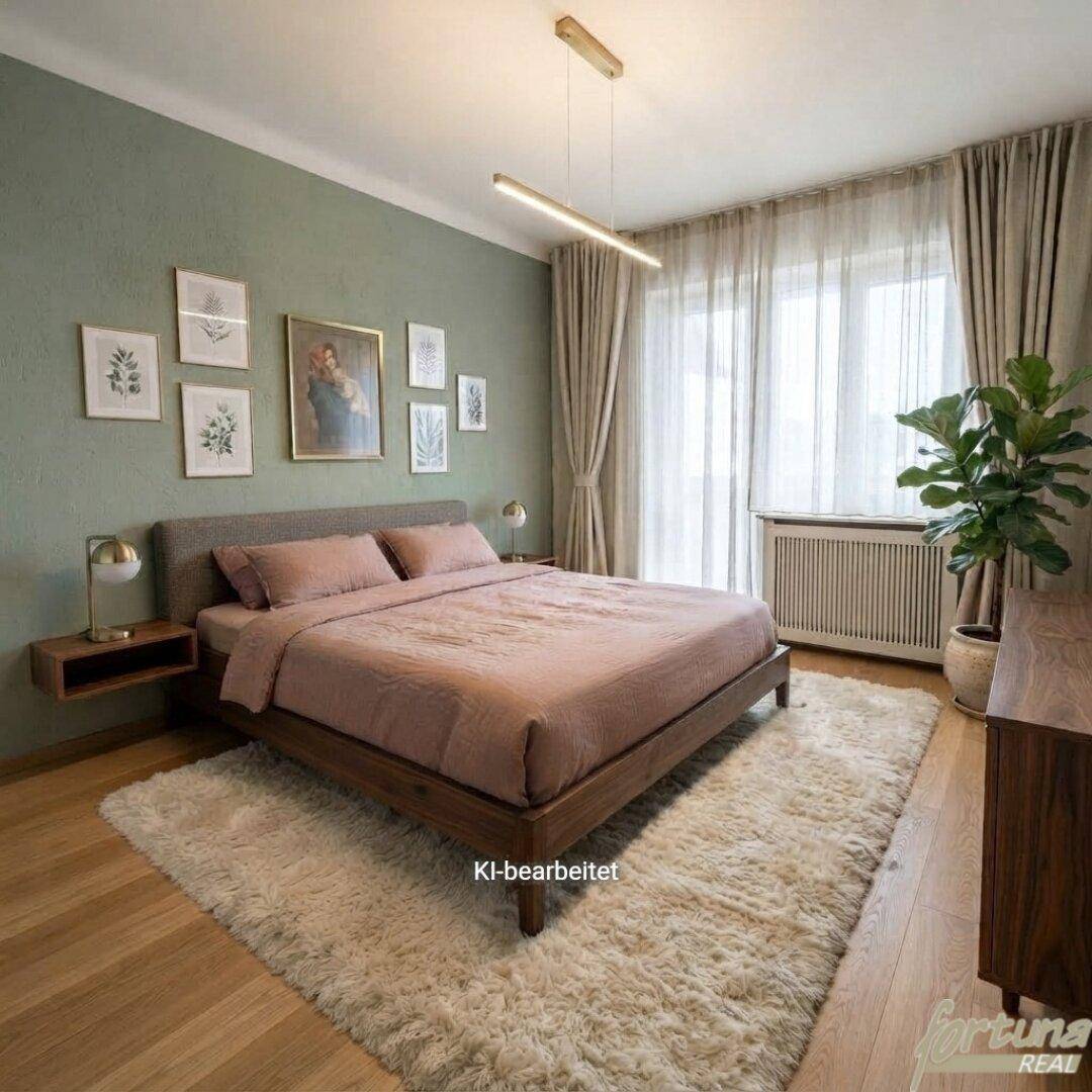 Gemütliches Schlafzimmer mit einem Doppelbett, einem flauschigen Teppich und einer grünen Akzentwand, die eine ruhige Atmosphäre schafft.
