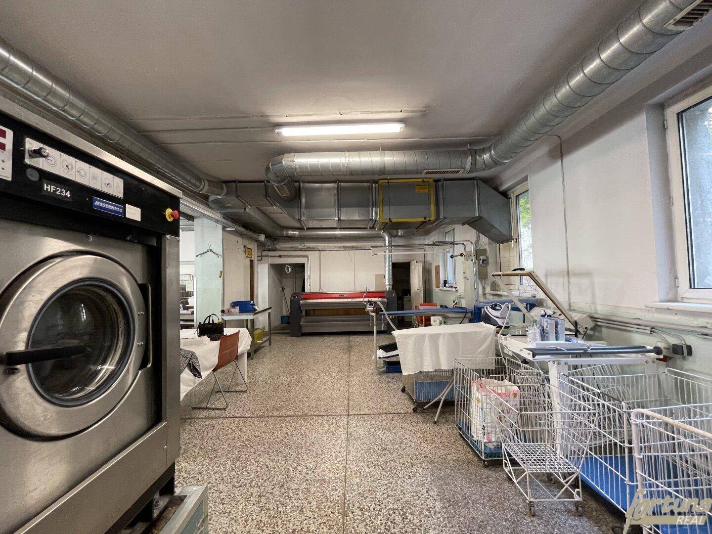 Großer Wäschereiraum mit Waschmaschine, Bügelgeräten und einer industriellen Mangel, gut beleuchtet durch Fenster.