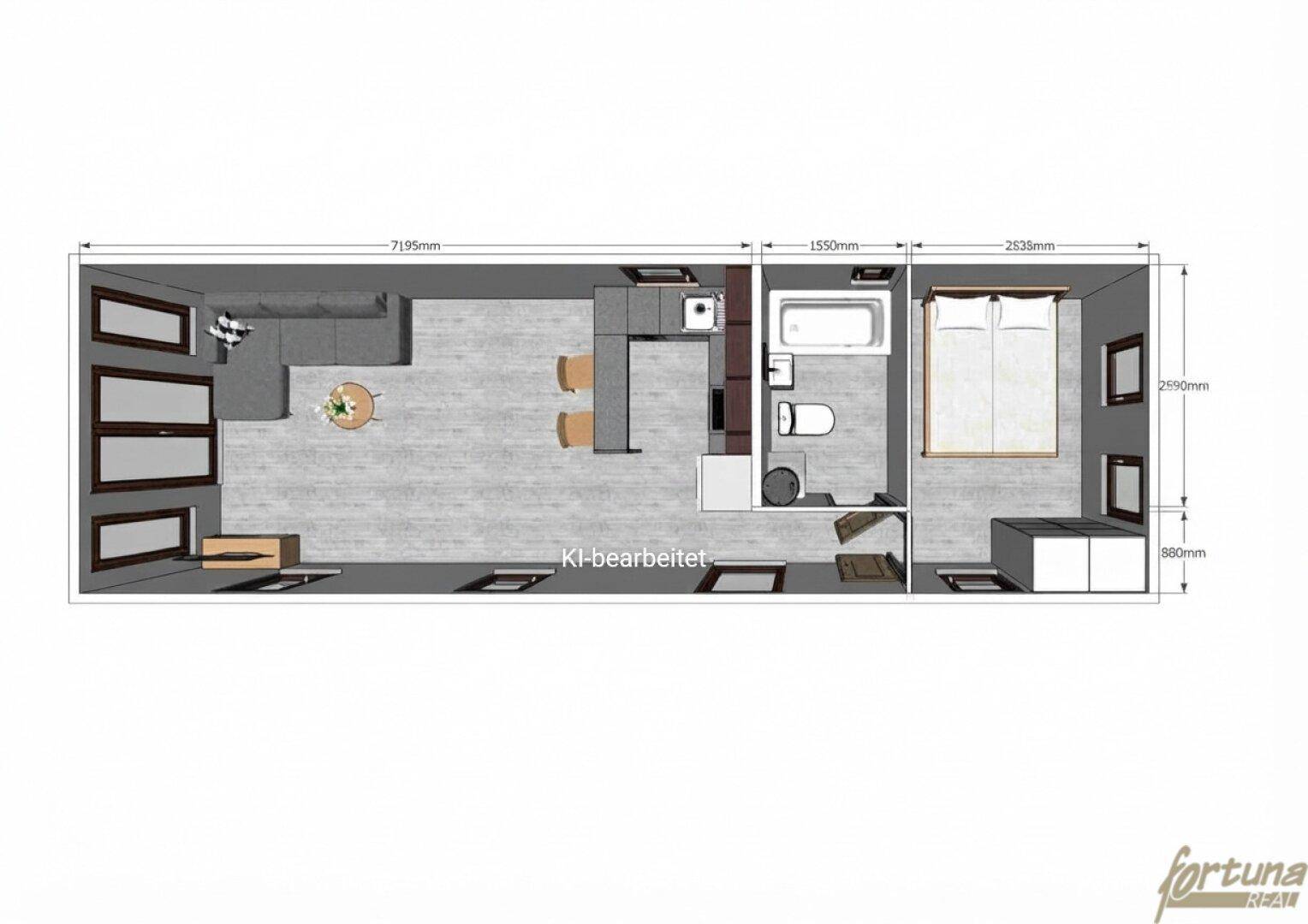 Grundriss eines Mobilheims mit offenem Wohnbereich, Küche, Bad und einem Schlafzimmer.