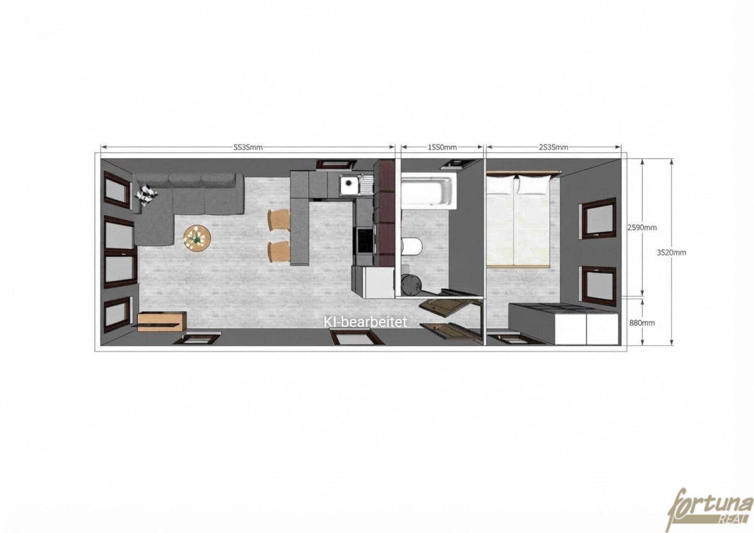 Grundriss eines Mobilheims mit offenem Wohnbereich, Küche, Bad und einem Schlafzimmer.