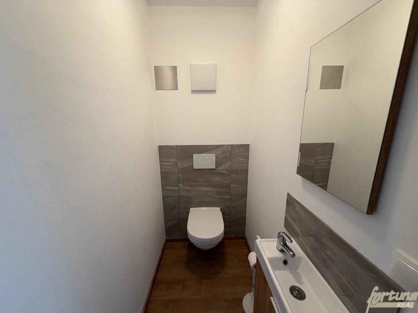 Modernes Gäste-WC mit wandhängendem WC, kleinem Waschbecken und Spiegel.