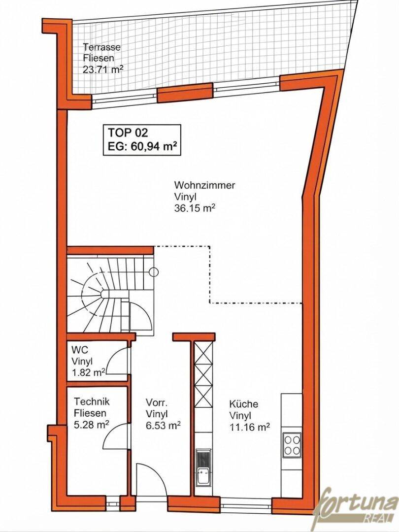 Grundriss des Erdgeschosses mit Wohnzimmer, Küche, WC und Terrasse.