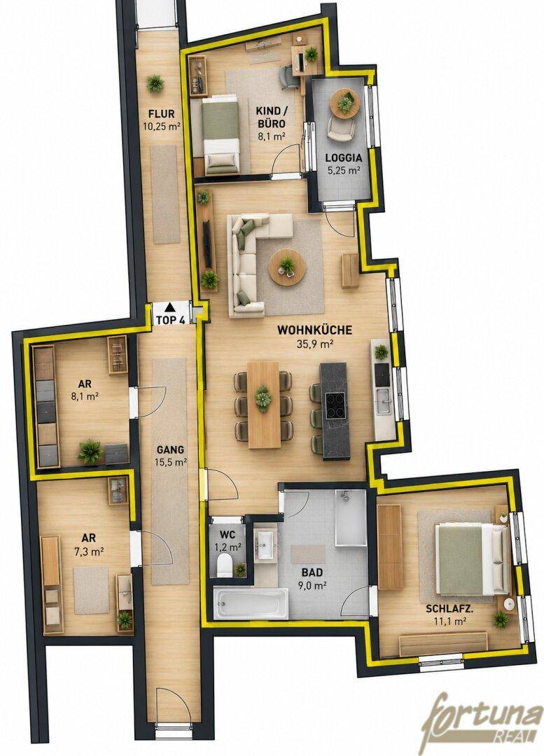 Detaillierter Grundriss der Wohnung mit Raumaufteilung und Loggia.