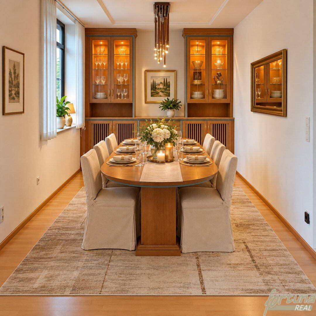Elegantes Esszimmer mit großem Holztisch, bequemen Stühlen und beleuchteten Vitrinen.