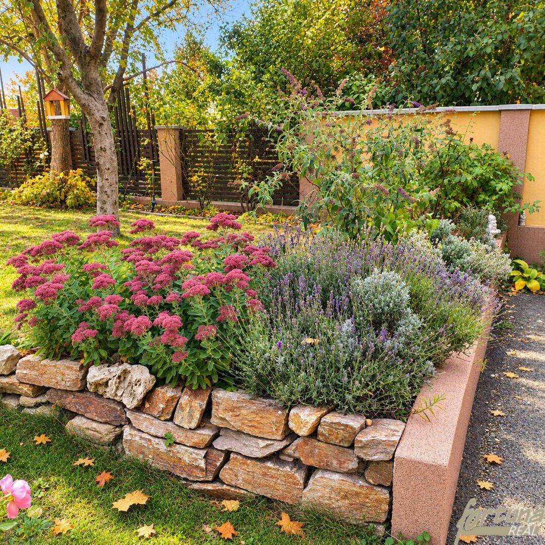 Erhöhtes Blumenbeet mit Steinmauer, blühenden Pflanzen und herbstlichem Laub im Garten.