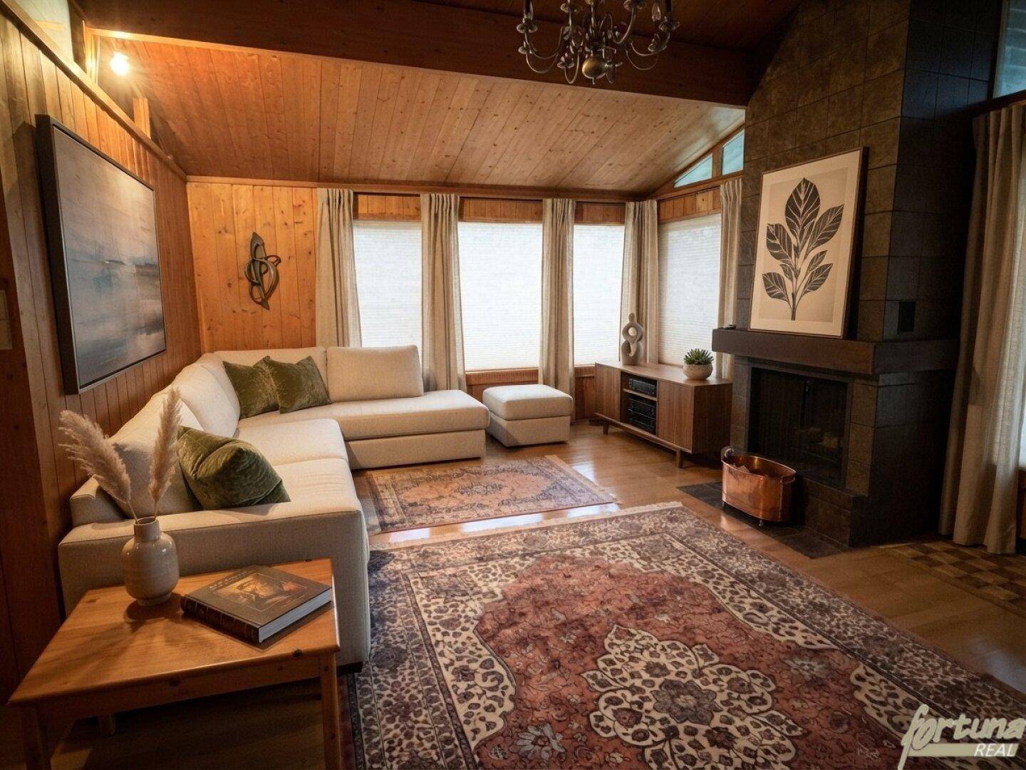 Gemütliches Wohnzimmer mit Kamin, Holztäfelung und bequemer Eckcouch, ideal für kalte Abende.