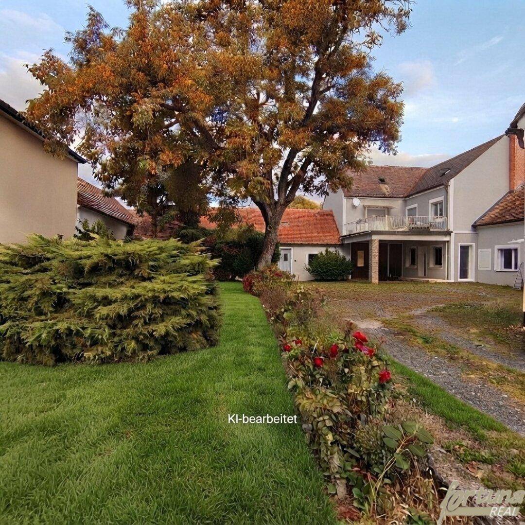 Großer Gartenbereich mit altem Baum, Rasenfläche und Blick auf das Gebäude.