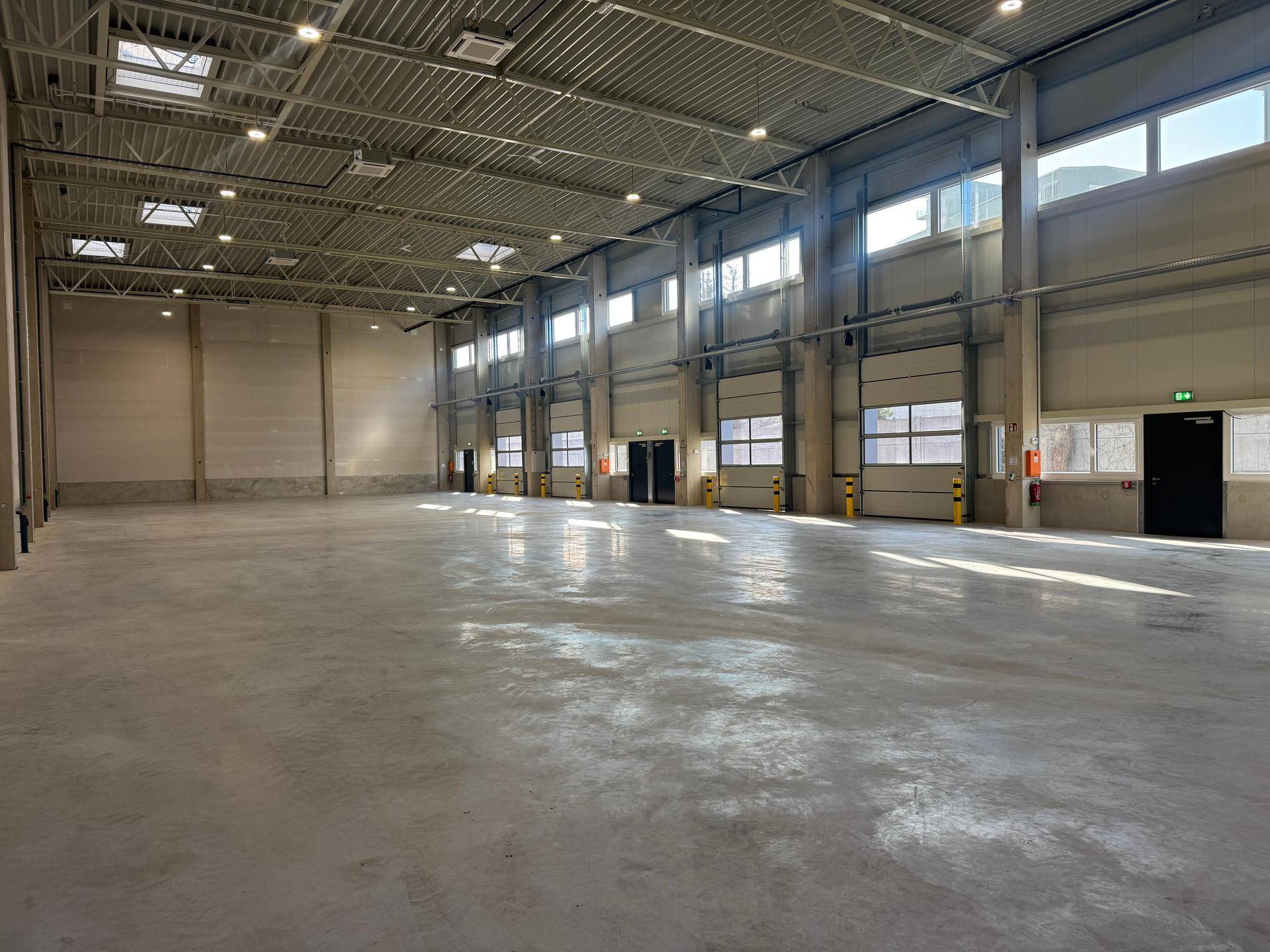 Weitläufige Lagerhalle mit mehreren Rolltoren, Betonboden und guter Beleuchtung durch Fenster und Deckenlampen.