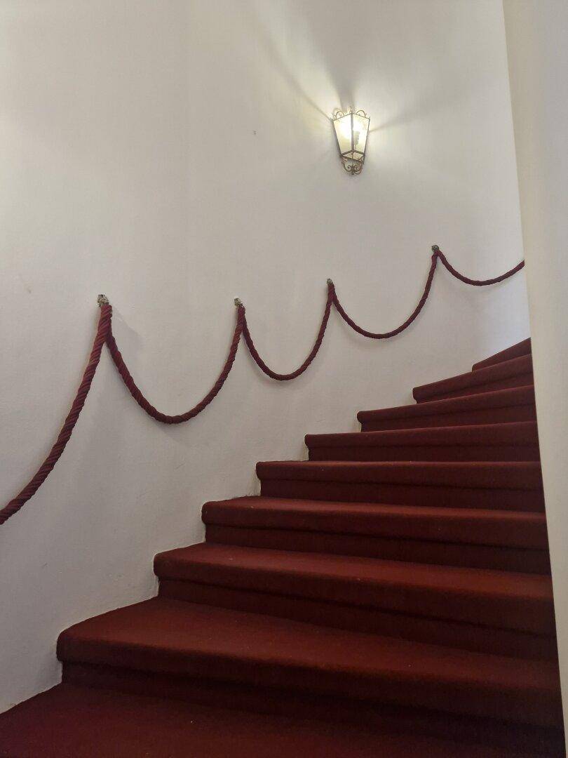 Treppenhaus mit rotem Teppichboden, dekorativem Seilgeländer und einer Wandleuchte im klassischen Stil.