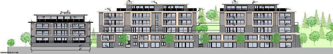 Gesamtansicht der Gebäudefassade mit großen Fensterfronten und Balkonen, umgeben von Bäumen.