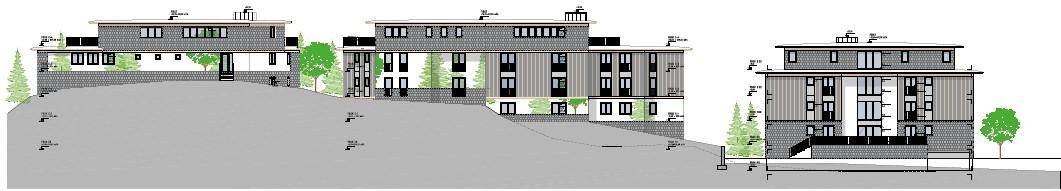 Seitenansicht des Gebäudekomplexes, der die Anpassung an das abfallende Gelände und die moderne Bauweise zeigt.