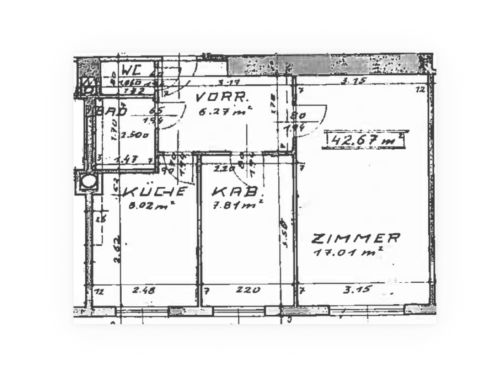 Schwarz-weißer Grundrissplan mit Aufteilung in WC, Bad, Küche, Vorraum, Kabinett und Zimmer.