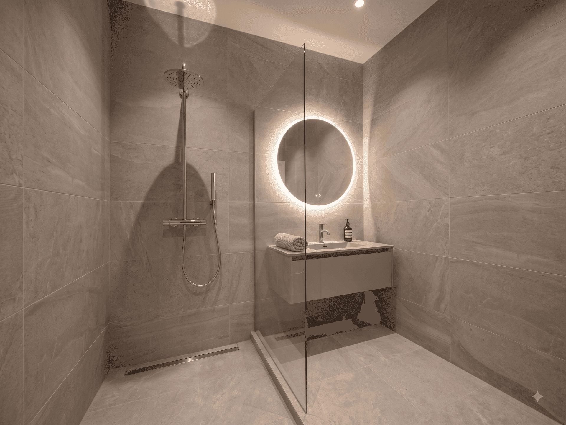 Modernes Badezimmer mit grauen Fliesen, begehbarer Dusche, schwebendem Waschtisch und beleuchtetem Spiegel.