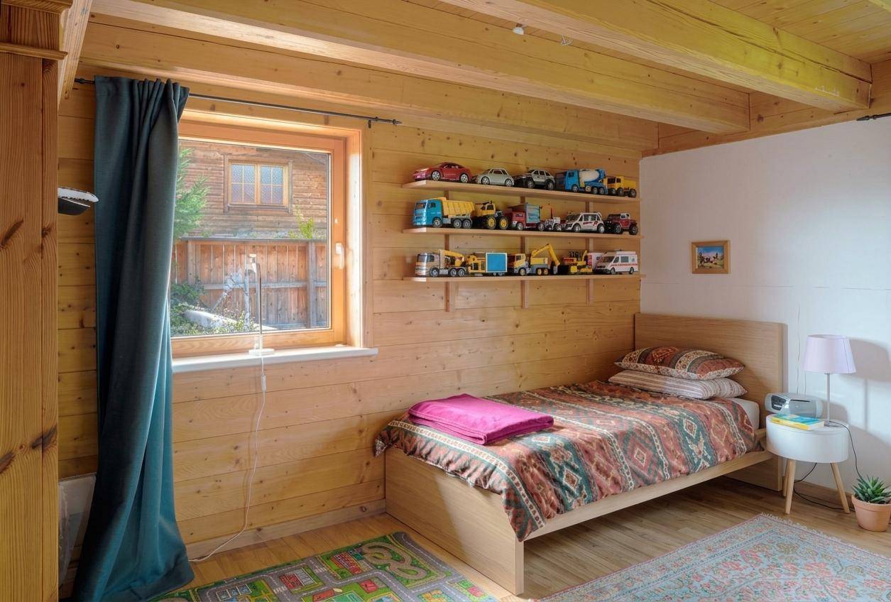Kinderzimmer mit Einzelbett, Holzwänden und Spielzeugregalen.