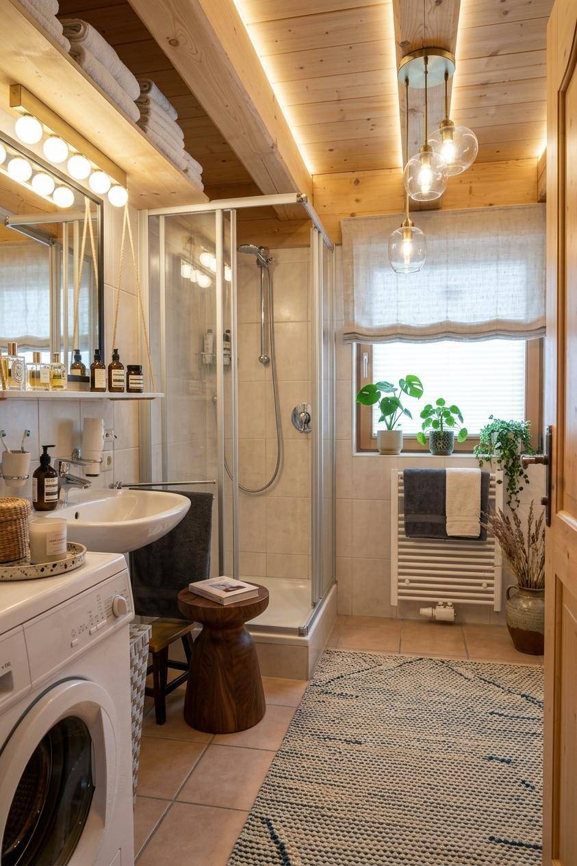 Helles Badezimmer mit Duschkabine, Waschmaschine und Holzdeckenbalken.
