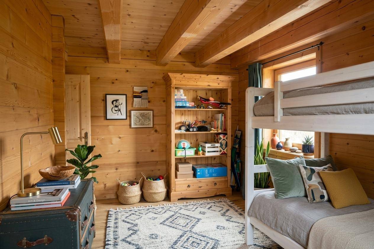 Kinderzimmer mit Etagenbett, Holzwänden und einem Bücherregal voller Spielzeug.