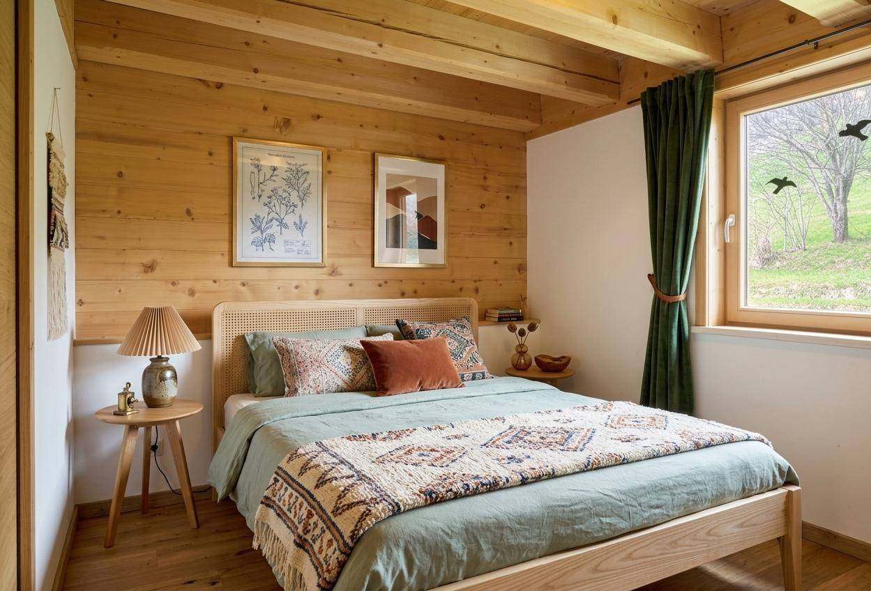 Gemütliches Schlafzimmer mit Doppelbett, Holzwänden und Blick ins Grüne.