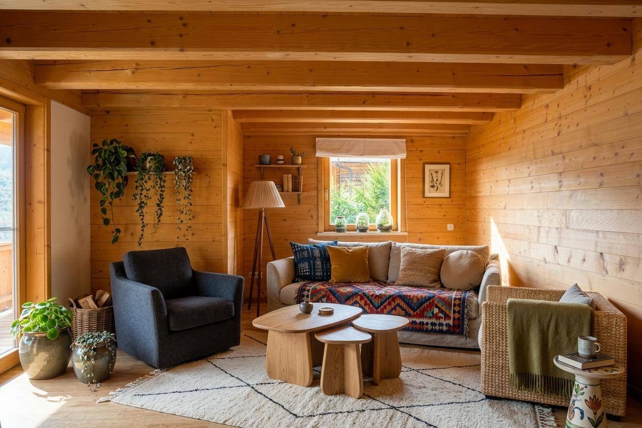 Rustikales Wohnzimmer mit Holzwänden, bequemen Möbeln und Blick in die Natur.