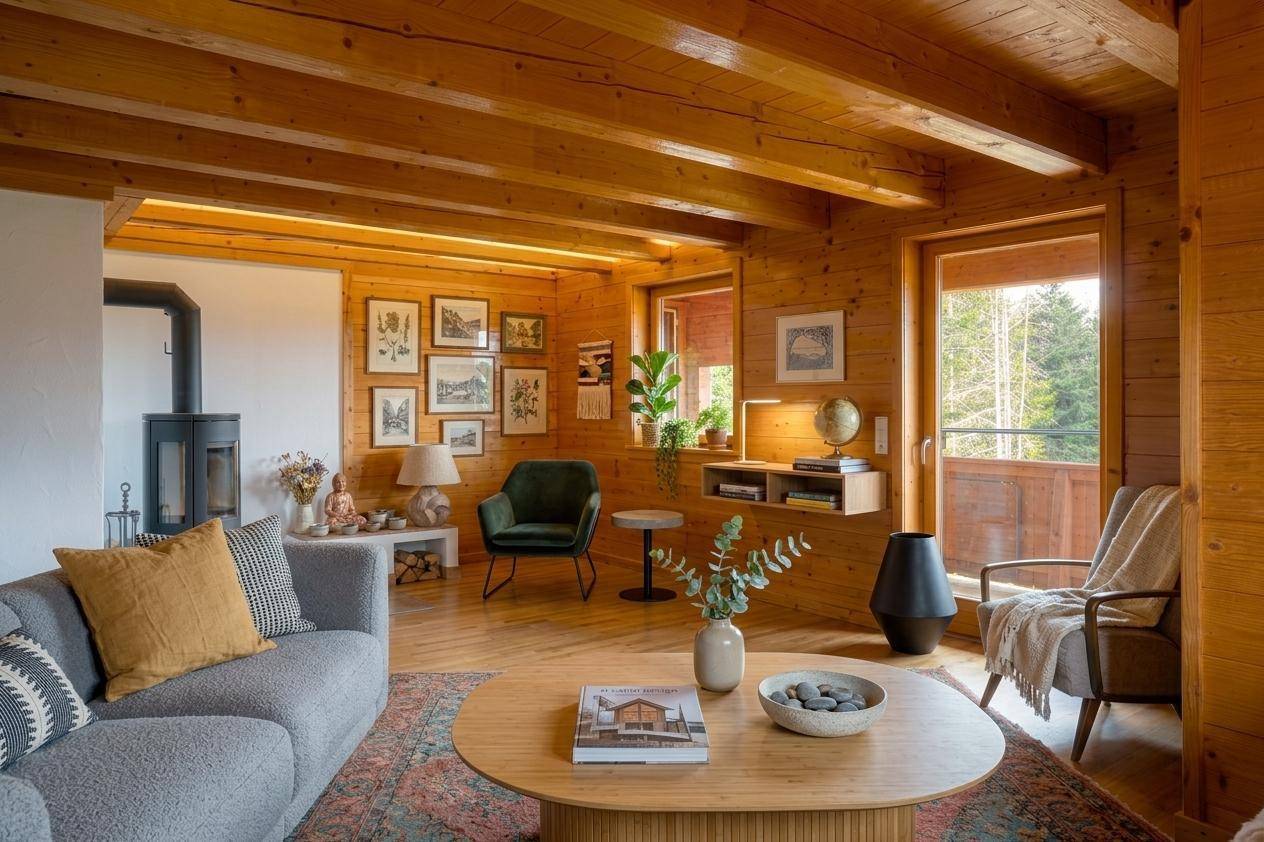 Helles Wohnzimmer mit Kaminofen, Holzbalken und Zugang zu einem kleinen Balkon.
