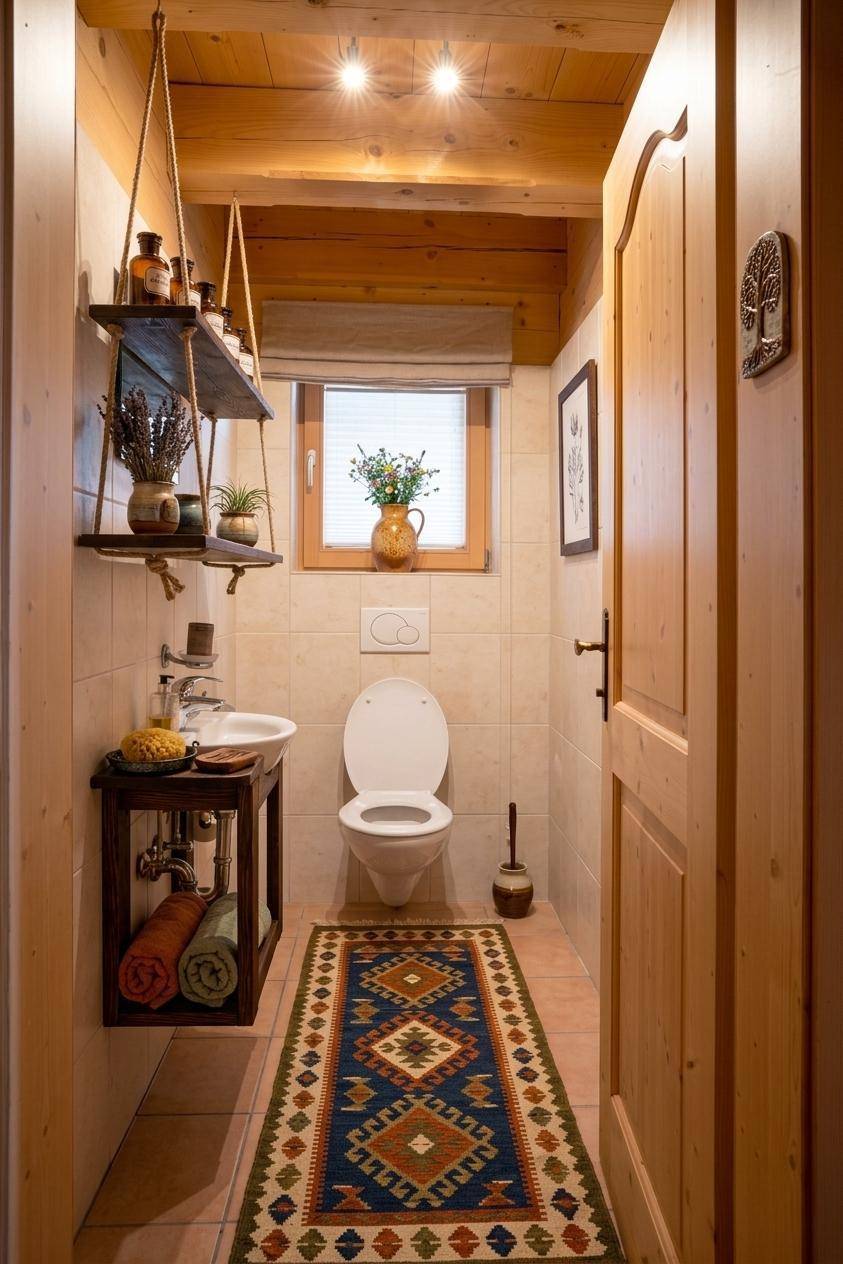 Kleines Gäste-WC mit Holzwänden, Fenster und dekorativem Teppich.