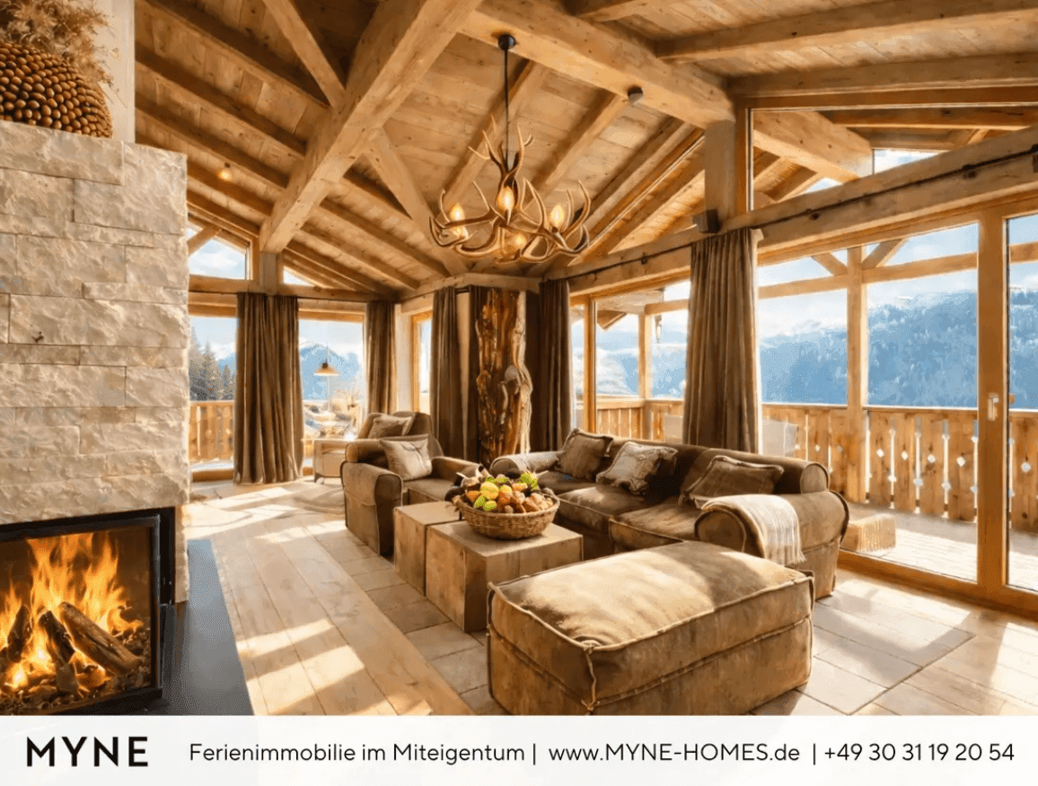 Lichtdurchflutetes Wohnzimmer im Chalet-Stil mit Holzbalken, Kamin und Panoramablick auf die Berge.