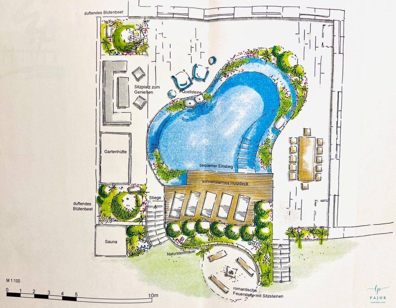 Gartenplan mit großem Pool, Holzdeck, Sauna und verschiedenen Sitzbereichen.
