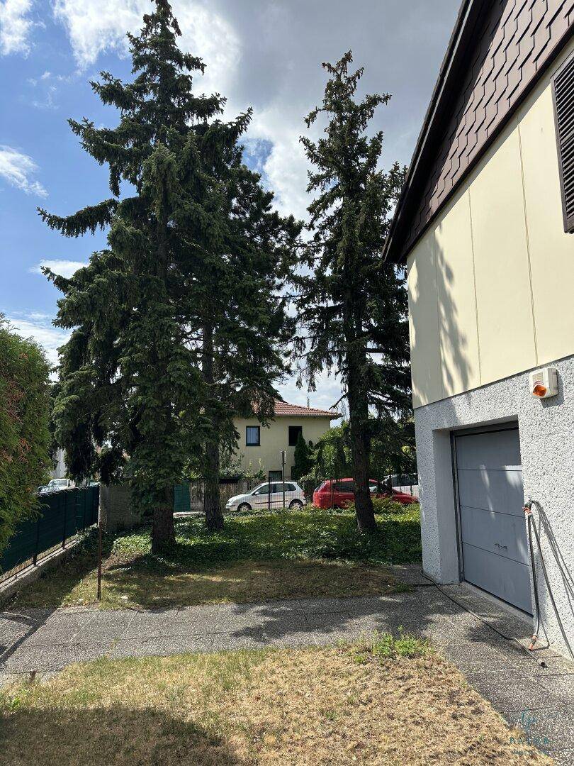 Außenansicht des Hauses mit Garageneinfahrt, Stellplatz und hohen Nadelbäumen im Vorgarten.