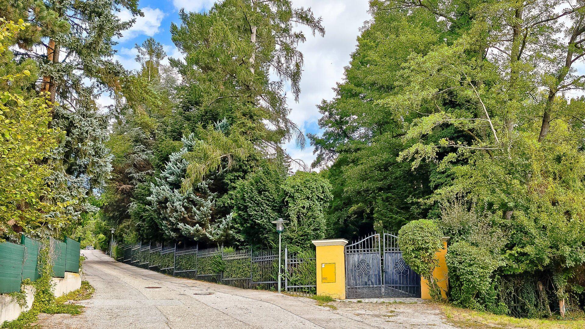 Zufahrt zum Anwesen mit schmiedeeisernem Tor, umgeben von üppiger Vegetation und hohen Bäumen.