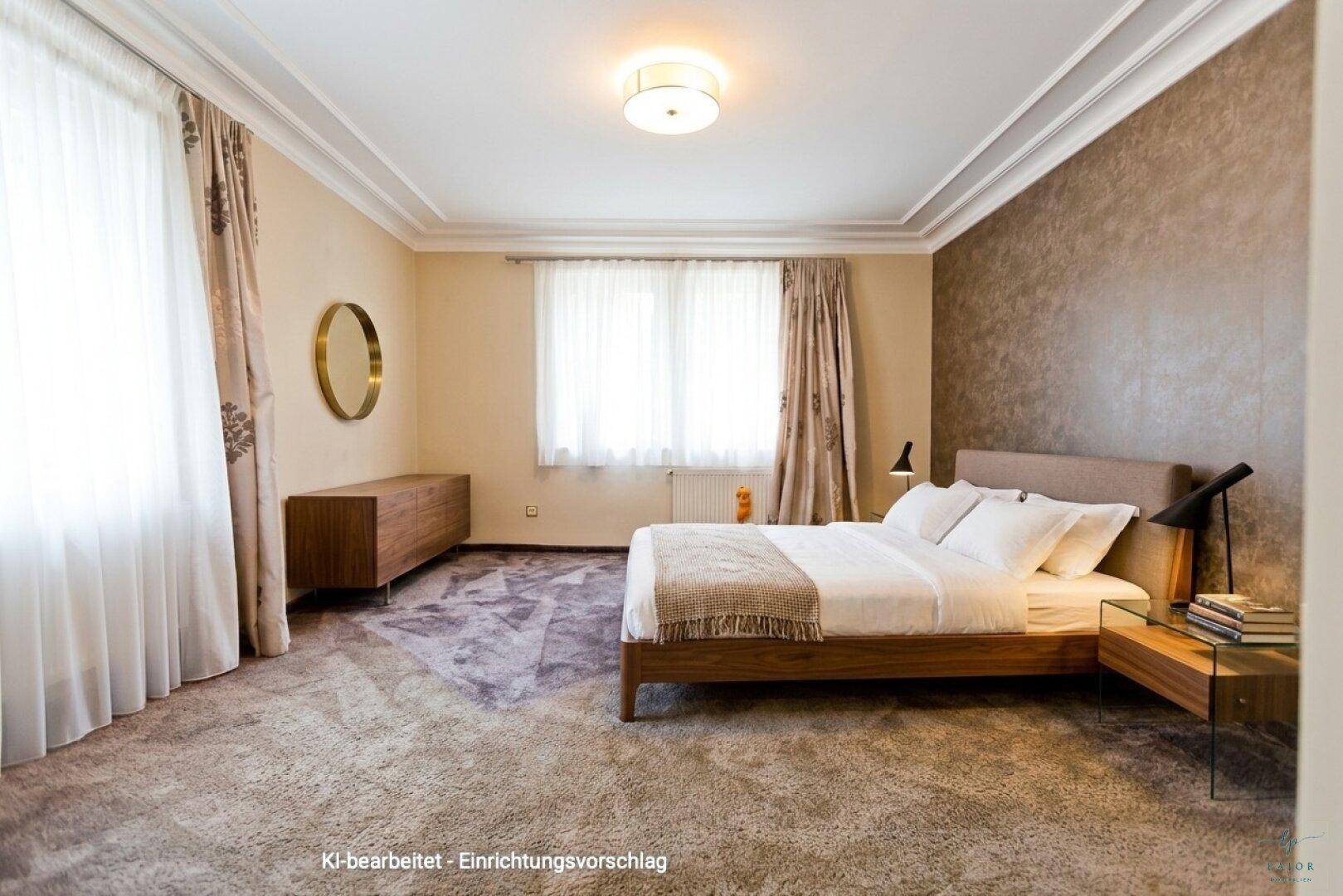 KI-bearbeitetes Schlafzimmer mit Teppichboden, Doppelbett und modernem Dekorationsvorschlag.