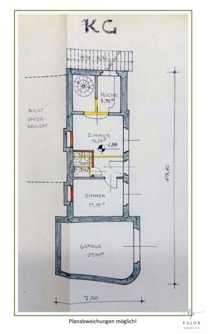 Grundriss des Kellergeschosses mit Garage, Zimmern, Bad und kleiner Küche.