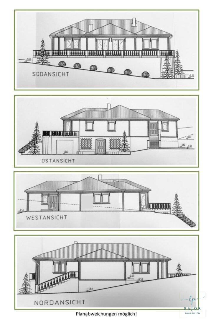Vier Ansichten des Gebäudes (Süd, Ost, West, Nord) zeigen die Architektur und Dachform.
