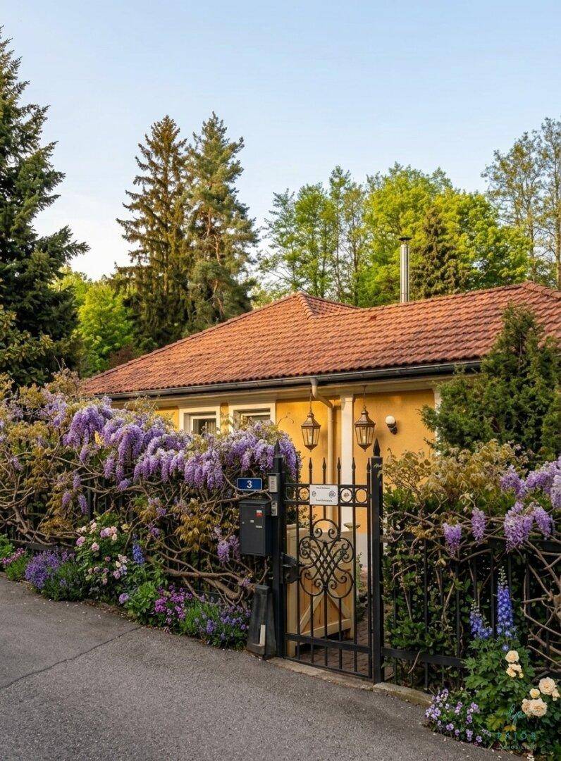 Charmantes Haus mit blühendem Blauregen und schmiedeeisernem Tor an der Straße.