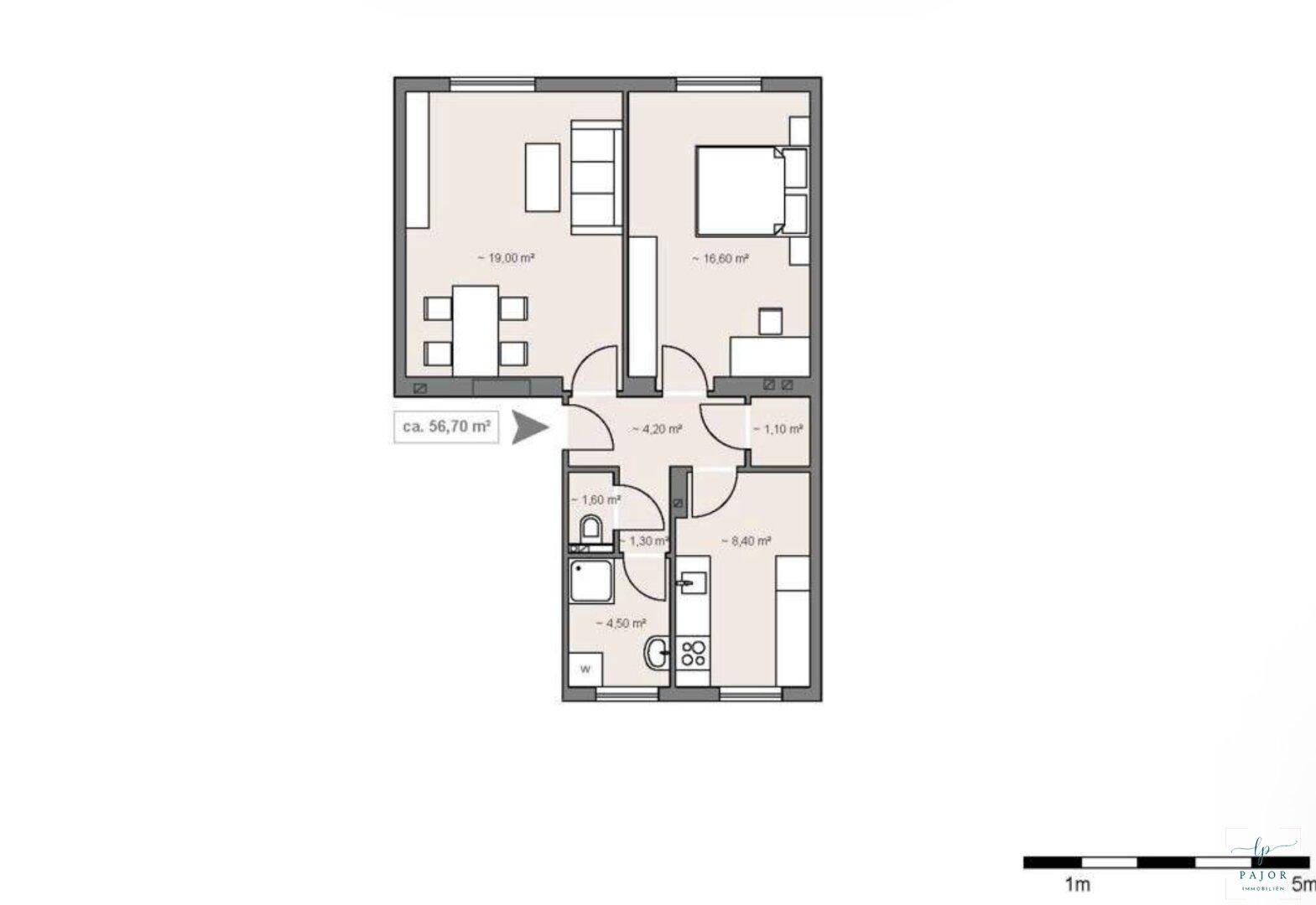 Grundriss einer Wohnung mit ca. 56,70 m², aufgeteilt in Wohn-, Schlafzimmer, Küche und Bad.