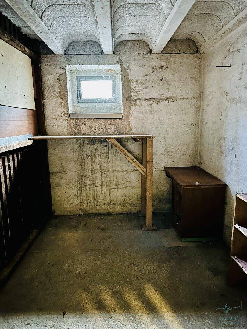 Rustikaler Kellerraum mit Betonboden, unverputzten Wänden und kleinem Fenster, ideal als Lagerfläche.
