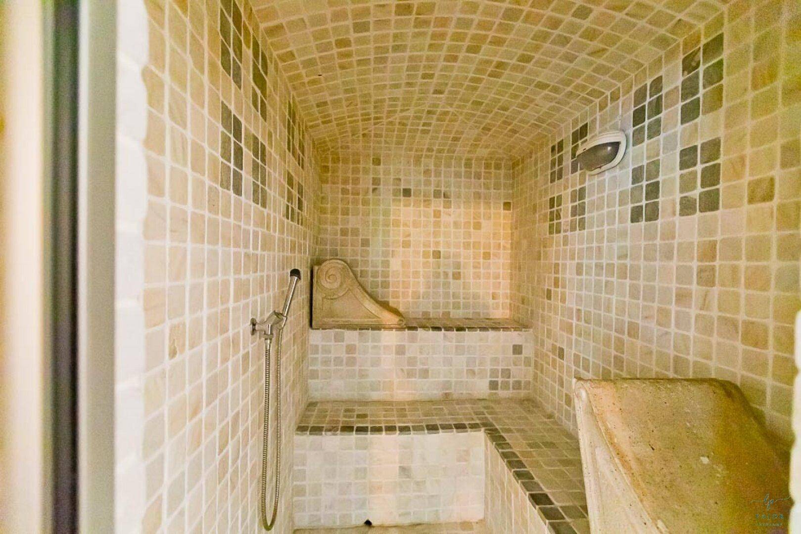 Innenansicht einer Duschkabine mit kleinen Mosaikfliesen und Sitzgelegenheiten.