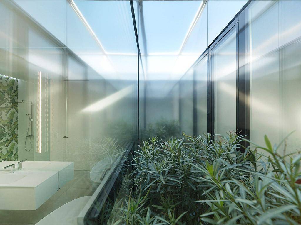 Modernes Badezimmer mit Glaswänden und integriertem Grünbereich, der eine natürliche Atmosphäre schafft.