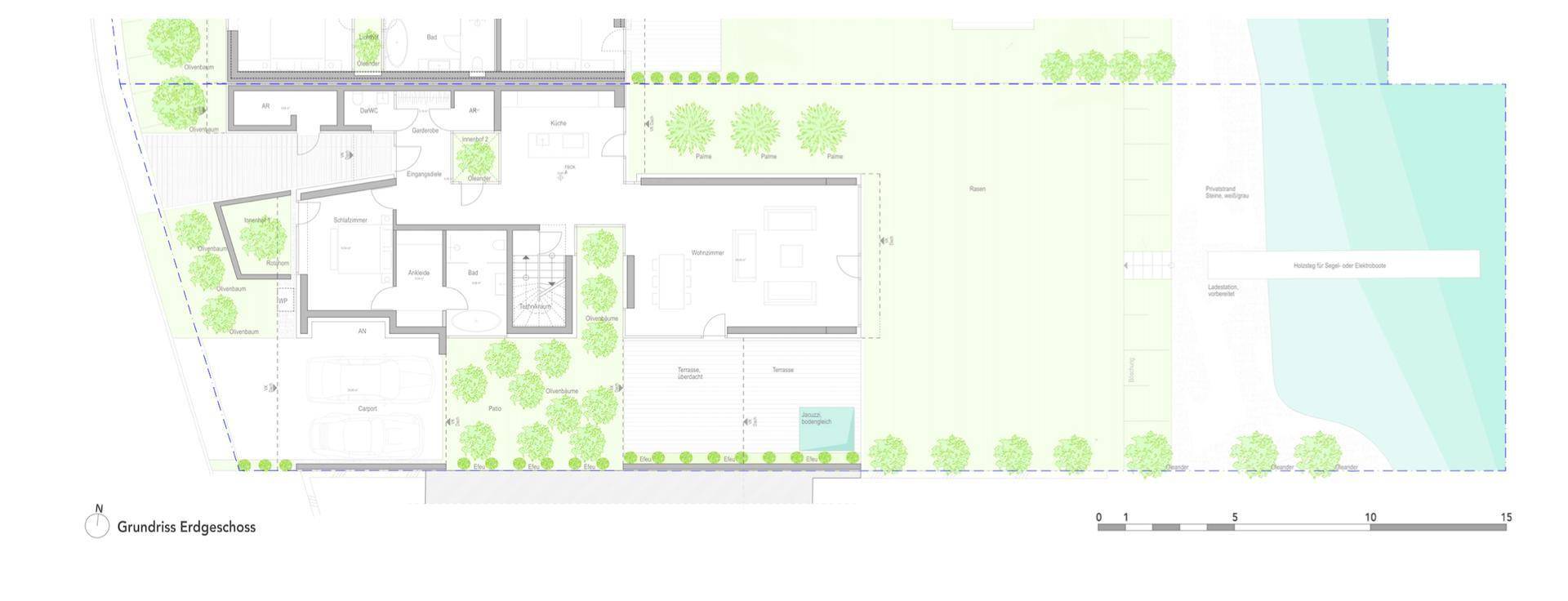 Grundriss des Erdgeschosses mit Garten, Terrasse und offenem Wohnbereich.