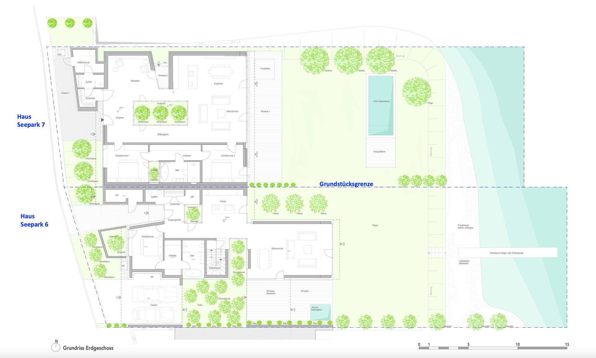 Grundriss des Erdgeschosses mit zwei Wohneinheiten, Garten und Poolbereich.