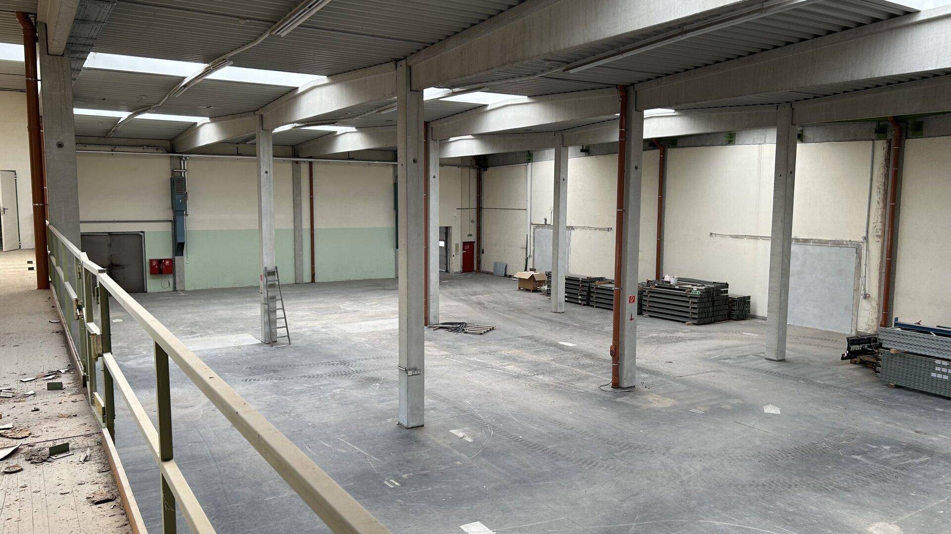 Weitläufige Lagerhalle mit Betonboden, tragenden Säulen und Blick auf eine obere Ebene.