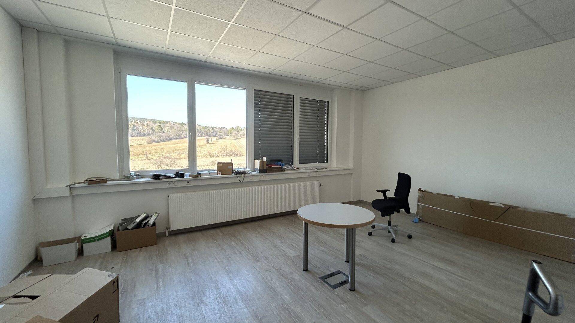 Helles Büro mit großem Fenster und Blick ins Grüne, ausgestattet mit Laminatboden und Heizung.