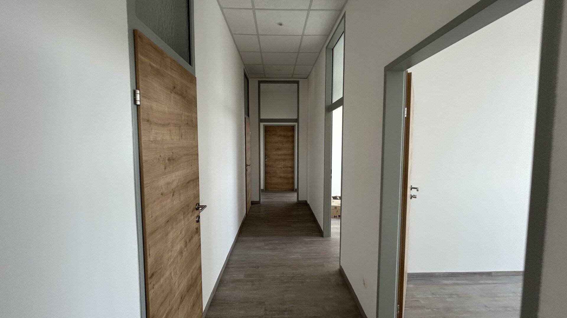 Langer, heller Flur mit Holztüren und modernen Türrahmen, der zu verschiedenen Räumen führt.