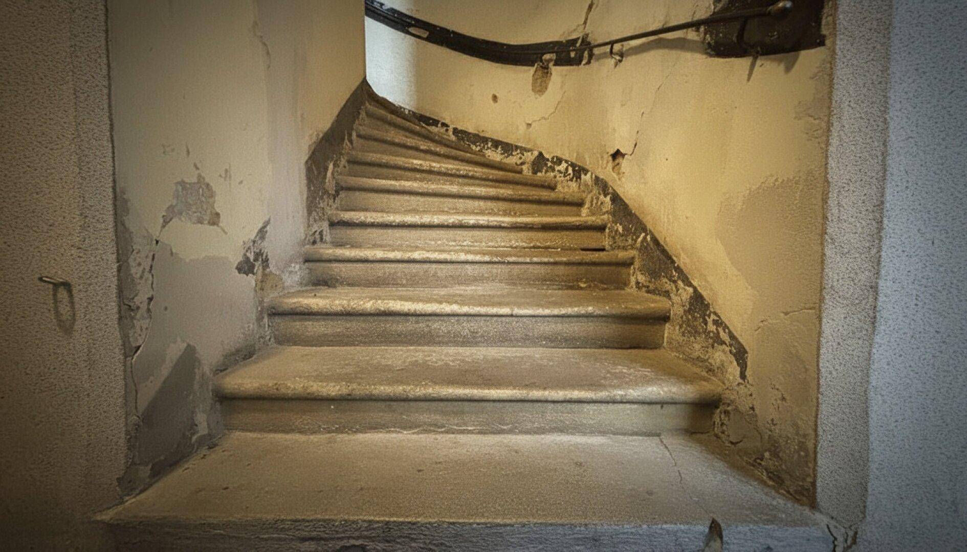 Alter Treppenaufgang mit abblätterndem Putz und schmalen Stufen.