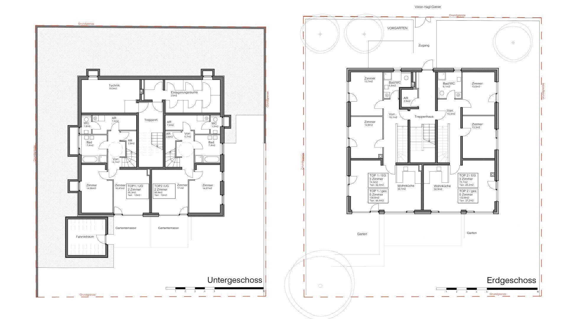 Grundriss des Unter- und Erdgeschosses mit Terrassen und Gartenbereichen.