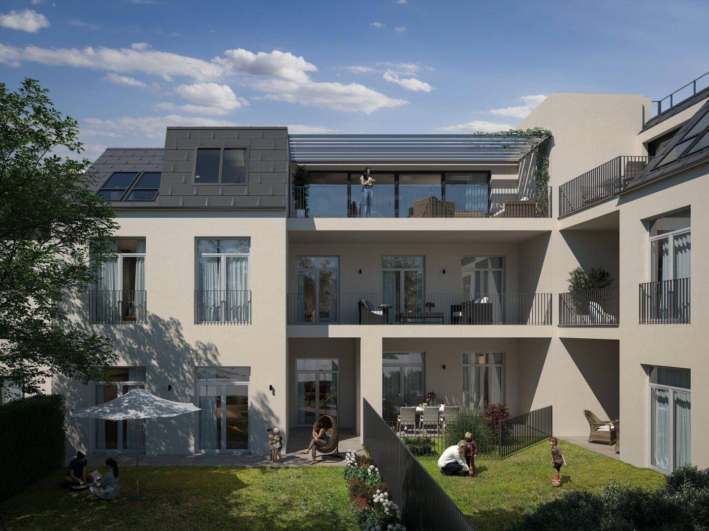 Moderne Wohnanlage am Tag mit sonnigen Balkonen, Terrassen und einem grünen Gartenbereich.