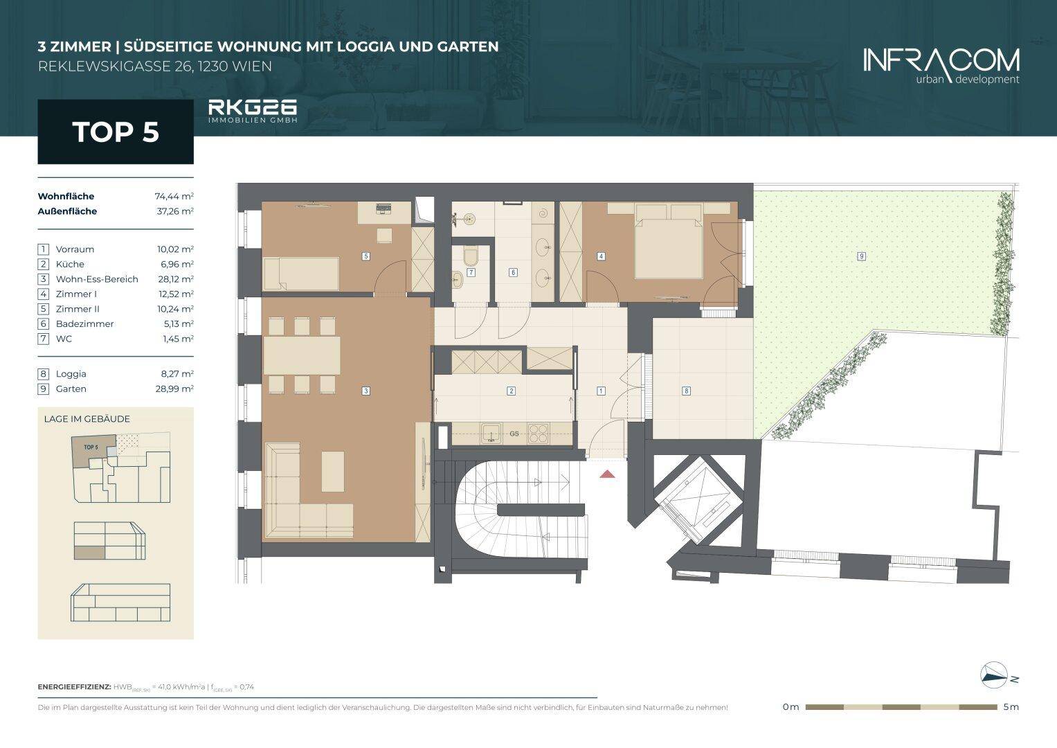 Detaillierter Grundriss einer 3-Zimmer-Wohnung mit Loggia und Gartenbereich.